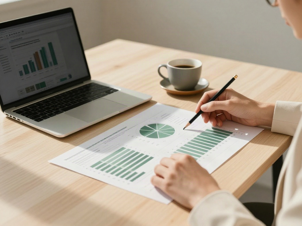 A close-up of a business review with printed analytics reports and a laptop