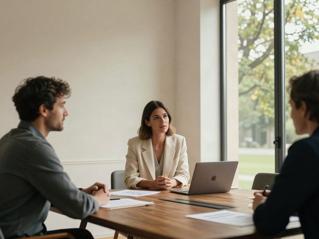 Consulting professionals collaborating on corporate strategy in a sunlit meeting room
